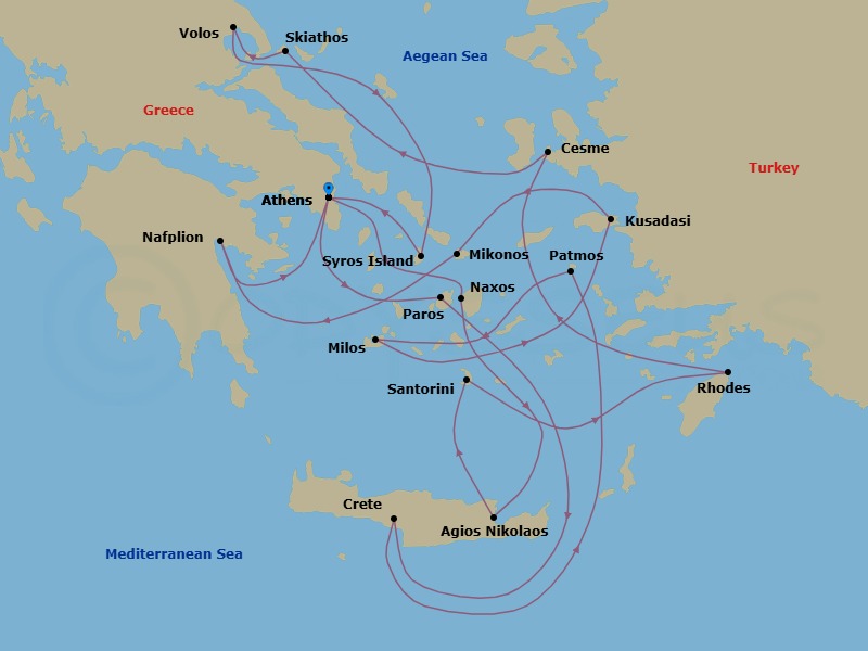 18 Night - Southern Europe Roundtrip from Athens - Silver Shadow - Starting in Athens, Naxos, Aghios Nikolaos, Santorini, Rhodes, Cesme, Skiathos, Volos, Syros, Athens, Paros, Souda Bay, Patmos, Milos, Kusadasi, Mykonos, Nafplion, Athens itinerary map
