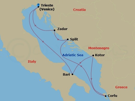 7 Night - Europe Roundtrip from Venice (Trieste) - Costa Deliziosa - Starting in Trieste, Bari, Kotor, Corfu, Split, Zadar, Trieste itinerary map