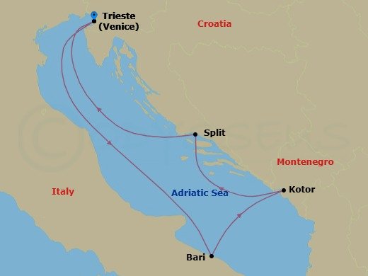 4 Night - Europe Roundtrip from Venice (Trieste) - Costa Deliziosa - Starting in Trieste, Bari, Kotor, Split, Trieste itinerary map