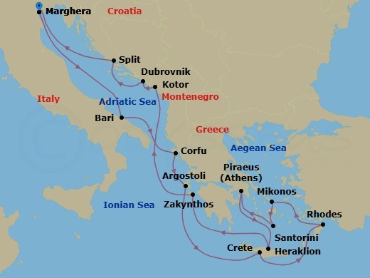 14 Night - Europe Roundtrip from Marghera - Costa Deliziosa - Starting in Marghera (Venice), Bari, Corfu, Argostoli (Cephalonia), Souda Bay (Crete), Rhodes, Mykonos, Thira (Santorini), Piraeus (Athens), Heraklion (Crete), Zakynthos, Kotor, Dubrovnik, Croatia, Split, Marghera (Venice) itinerary map