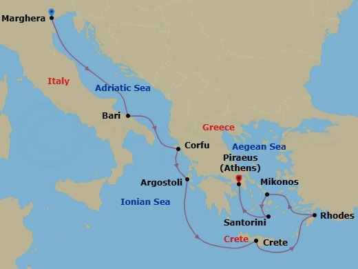 8 Night - Central Mediterranean from Marghera to Athens (Piraeus) - Costa Deliziosa - Starting in Marghera (Venice), Bari, Corfu, Argostoli (Cephalonia), Souda Bay (Crete), Rhodes, Mykonos, Thira (Santorini), Piraeus (Athens) itinerary map