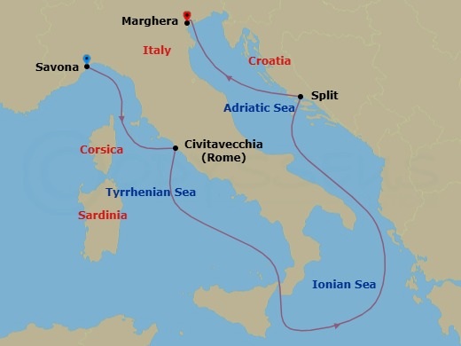 4 Night - Mediterranean from Savona to Marghera - Costa Deliziosa - Starting in Savona, Civitavecchia (Rome), Split, Marghera (Venice) itinerary map