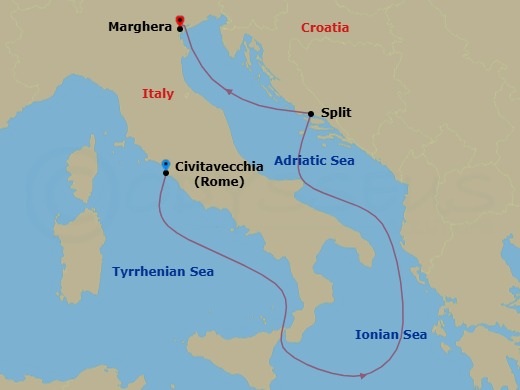 3 Night - Cruise from Rome (Civitavecchia) to Marghera - Costa Deliziosa - Starting in Civitavecchia (Rome), Split, Marghera (Venice) itinerary map