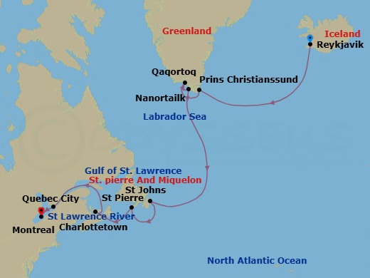 14 Night - Iceland, Greenland & Canada Cruise : Reykjavik, Qaqortoq & Quebec City - Azamara Journey - Starting in Reykjavik, Prince Christian Sound, Qaqortoq (Julianehaab), Nanortalik, St Johns NF, Newfoundland, Saint Pierre, Charlottetown, Prince Edward Island, Quebec City, Quebec, Montreal, Quebec itinerary map