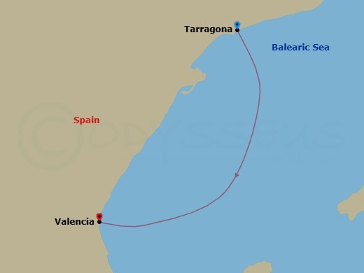 1 Night - Mediterranean - MSC Orchestra - Starting in Tarragona, Spain, Valencia, Spain itinerary map