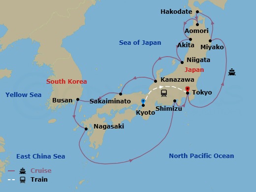 18 Night - Highlights of Japan - Tour 3G - Sapphire Princess Tours - Starting in Kyoto, Japan, Tokyo, Japan, Miyako, Japan, Hakodate, Japan, Aomori, Japan, Akita, Japan, Niigata, Japan, Kanazawa, Japan, Sakaiminato, Japan, Busan, South Korea, Nagasaki, Japan, Shimizu (for Mount Fuji), Japan, Tokyo, Japan itinerary map