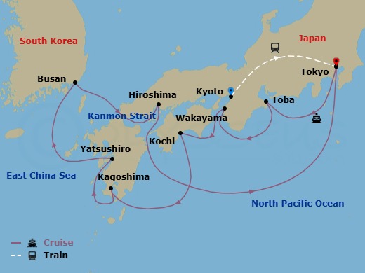 15 Night - Highlights of Japan - Tour 3E - Sapphire Princess Tours - Starting in Kyoto, Japan, Tokyo, Japan, Toba, Japan, Wakayama, Japan, Kochi, Japan, Kagoshima, Japan, Yatsushiro, Japan, Busan, South Korea, Kanmon Straits, Japan, Hiroshima, Japan, Tokyo, Japan itinerary map