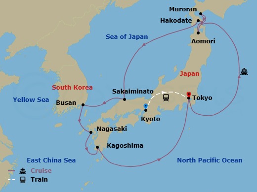 16 Night - Highlights of Japan - Tour 3F - Sapphire Princess Tours - Starting in Kyoto, Japan, Tokyo, Japan, Aomori, Japan, Muroran, Japan, Hakodate, Japan, Sakaiminato, Japan, Busan, South Korea, Nagasaki, Japan, Kagoshima, Japan, Tokyo, Japan itinerary map