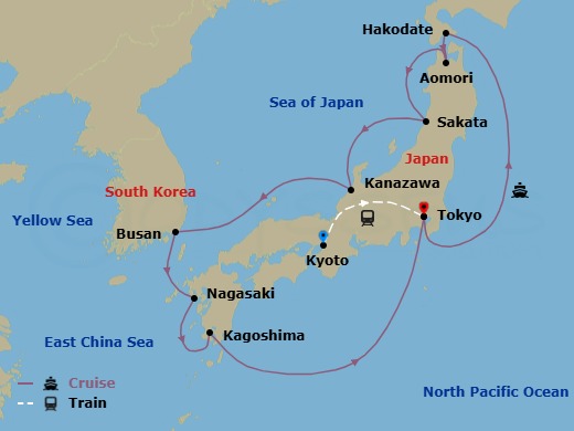 16 Night - Highlights of Japan - Tour 3F - Sapphire Princess Tours - Starting in Kyoto, Japan, Tokyo, Japan, Hakodate, Japan, Aomori, Japan, Sakata, Japan, Kanazawa, Japan, Busan, South Korea, Nagasaki, Japan, Kagoshima, Japan, Tokyo, Japan itinerary map