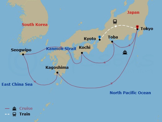 12 Night - Highlights of Japan - Tour 3H - Sapphire Princess Tours - Starting in Kyoto, Japan, Tokyo, Japan, Toba, Japan, Kochi, Japan, Jeju (Seogwipo), South Korea, Kagoshima, Japan, Tokyo, Japan itinerary map