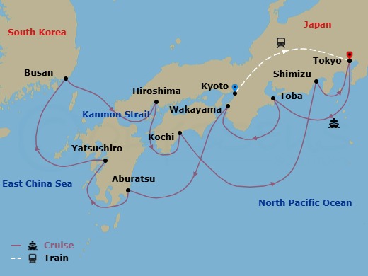 15 Night - Highlights of Japan - Tour 3E - Sapphire Princess Tours - Starting in Kyoto, Japan, Tokyo, Japan, Toba, Japan, Wakayama, Japan, Miyazaki (Aburatsu), Japan, Yatsushiro, Japan, Busan, South Korea, Kanmon Straits, Japan, Hiroshima, Japan, Kochi, Japan, Shimizu (for Mount Fuji), Japan, Tokyo, Japan itinerary map