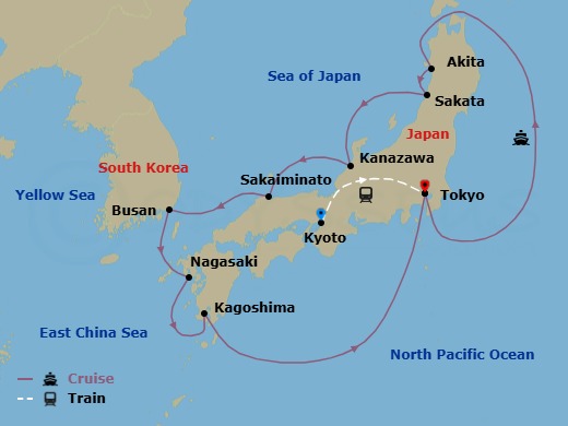 16 Night - Highlights of Japan - Tour 3F - Sapphire Princess Tours - Starting in Kyoto, Japan, Tokyo, Japan, Akita, Japan, Sakata, Japan, Kanazawa, Japan, Sakaiminato, Japan, Busan, South Korea, Nagasaki, Japan, Kagoshima, Japan, Tokyo, Japan itinerary map