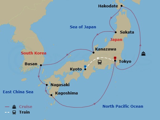 15 Night - Highlights of Japan - Tour 3E - Sapphire Princess Tours - Starting in Kyoto, Japan, Tokyo, Japan, Hakodate, Japan, Sakata, Japan, Kanazawa, Japan, Busan, South Korea, Nagasaki, Japan, Kagoshima, Japan, Tokyo, Japan itinerary map