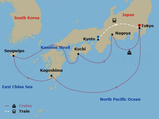 12 Night - Highlights of Japan - Tour 3H - Sapphire Princess Tours - Starting in Kyoto, Japan, Tokyo, Japan, Kagoshima, Japan, Jeju (Seogwipo), South Korea, Kanmon Straits, Japan, Kochi, Japan, Nagoya, Japan, Tokyo, Japan itinerary map