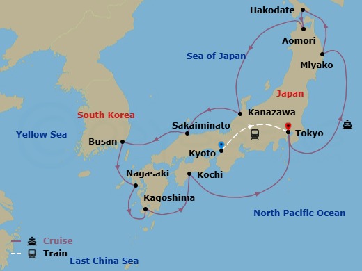 18 Night - Highlights of Japan - Tour 3G - Sapphire Princess Tours - Starting in Kyoto, Japan, Tokyo, Japan, Miyako, Japan, Hakodate, Japan, Aomori, Japan, Kanazawa, Japan, Sakaiminato, Japan, Busan, South Korea, Nagasaki, Japan, Kagoshima, Japan, Kochi, Japan, Tokyo, Japan itinerary map