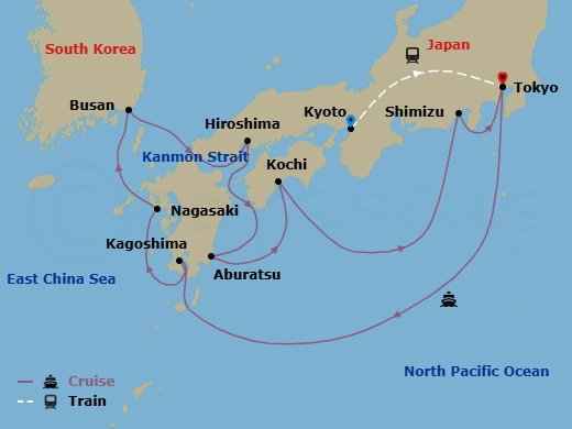 15 Night - Highlights of Japan - Tour 3E - Sapphire Princess Tours - Starting in Kyoto, Japan, Tokyo, Japan, Kagoshima, Japan, Nagasaki, Japan, Busan, South Korea, Kanmon Straits, Japan, Hiroshima, Japan, Miyazaki (Aburatsu), Japan, Kochi, Japan, Shimizu (for Mount Fuji), Japan, Tokyo, Japan itinerary map