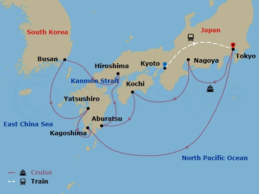 15 Night - Highlights of Japan - Tour 3E - Sapphire Princess Tours - Starting in Kyoto, Japan, Tokyo, Japan, Nagoya, Japan, Kochi, Japan, Miyazaki (Aburatsu), Japan, Hiroshima, Japan, Kanmon Straits, Japan, Busan, South Korea, Yatsushiro, Japan, Kagoshima, Japan, Tokyo, Japan itinerary map