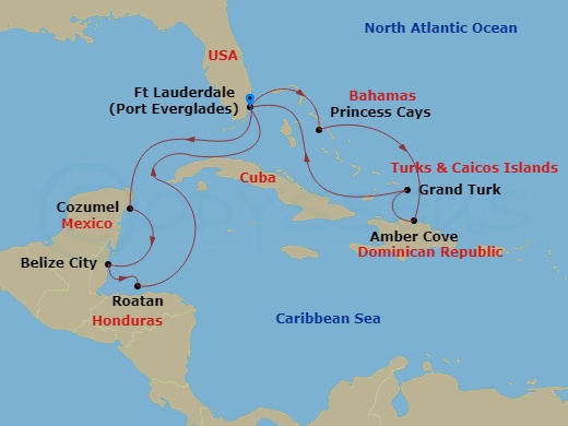 14 Night - Eastern / Western Caribbean Adventurer - Regal Princess - Starting in Fort Lauderdale, Florida, Princess Cays, Bahamas, Amber Cove, Dominican Republic, Grand Turk, Turks and Caicos, Fort Lauderdale, Florida, Cozumel, Mexico, Belize City, Belize, Roatan (Isla Tropicale), Honduras, Fort Lauderdale, Florida itinerary map