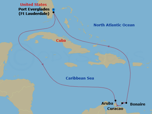 8 Night - Southern Caribbean with Abc Islands - Regal Princess - Starting in Fort Lauderdale, Florida, Aruba, Curacao, Bonaire, Caribbean Netherlands, Fort Lauderdale, Florida itinerary map