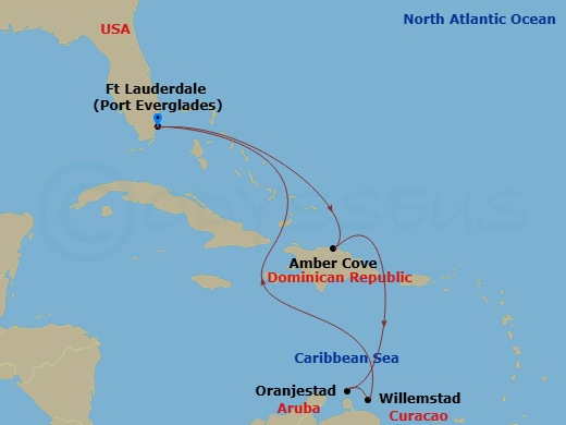 8 Night - Southern Caribbean with Aruba - Regal Princess - Starting in Fort Lauderdale, Florida, Amber Cove, Dominican Republic, Aruba, Curacao, Fort Lauderdale, Florida itinerary map