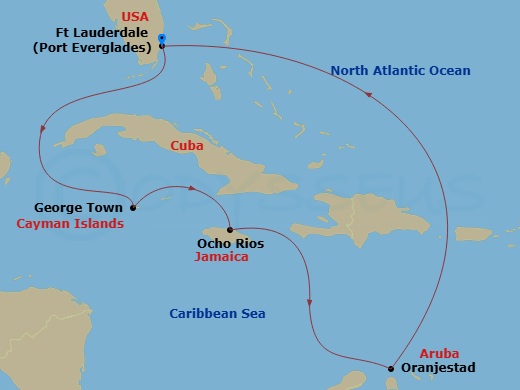 8 Night - Southern Caribbean with Aruba - Regal Princess - Starting in Fort Lauderdale, Florida, Grand Cayman, Cayman Islands, Ocho Rios, Jamaica, Aruba, Fort Lauderdale, Florida itinerary map