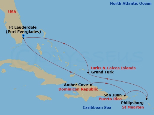 8 Night - Eastern Caribbean with Puerto Rico Holiday - Regal Princess - Starting in Fort Lauderdale, Florida, Amber Cove, Dominican Republic, San Juan, Puerto Rico, St Maarten, Grand Turk, Turks and Caicos, Fort Lauderdale, Florida itinerary map