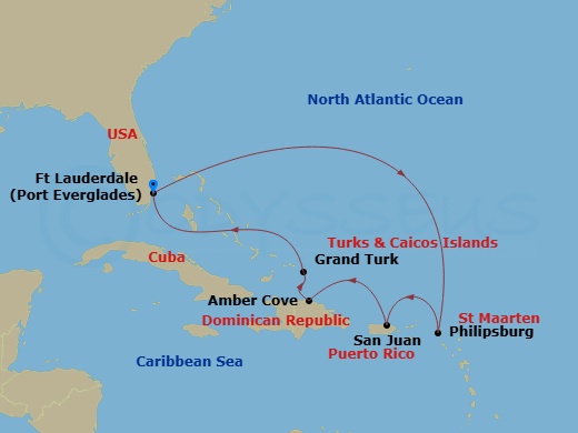 8 Night - Eastern Caribbean with Puerto Rico - Regal Princess - Starting in Fort Lauderdale, Florida, St Maarten, San Juan, Puerto Rico, Amber Cove, Dominican Republic, Grand Turk, Turks and Caicos, Fort Lauderdale, Florida itinerary map