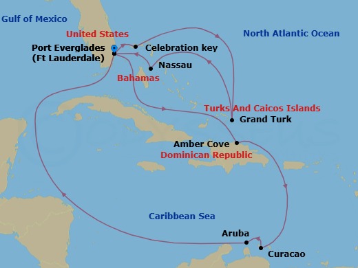 14 Night - Southern / Eastern Caribbean Adventurer with Celebration Key - Regal Princess - Starting in Fort Lauderdale, Florida, Celebration Key, Bahamas, Grand Turk, Turks and Caicos, Nassau, Bahamas, Fort Lauderdale, Florida, Amber Cove, Dominican Republic, Curacao, Aruba, Fort Lauderdale, Florida itinerary map