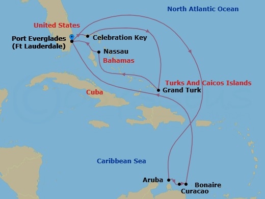 14 Night - Southern / Eastern Caribbean Adventurer with Celebration Key - Regal Princess - Starting in Fort Lauderdale, Florida, Celebration Key, Bahamas, Grand Turk, Turks and Caicos, Nassau, Bahamas, Fort Lauderdale, Florida, Aruba, Curacao, Bonaire, Caribbean Netherlands, Fort Lauderdale, Florida itinerary map