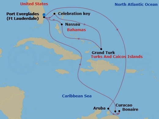 14 Night - Southern / Eastern Caribbean Adventurer with Celebration Key - Regal Princess - Starting in Fort Lauderdale, Florida, Celebration Key, Bahamas, Grand Turk, Turks and Caicos, Nassau, Bahamas, Fort Lauderdale, Florida, Aruba, Bonaire, Caribbean Netherlands, Curacao, Fort Lauderdale, Florida itinerary map