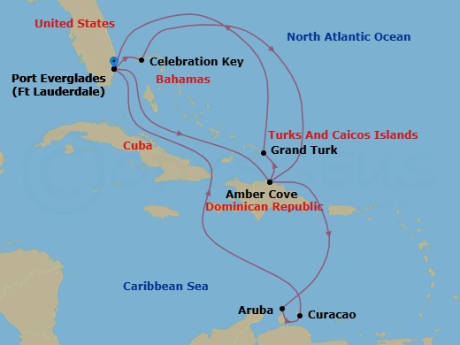 14 Night - Southern / Eastern Caribbean Adventurer with Celebration Key - Regal Princess - Starting in Fort Lauderdale, Florida, Celebration Key, Bahamas, Amber Cove, Dominican Republic, Grand Turk, Turks and Caicos, Fort Lauderdale, Florida, Amber Cove, Dominican Republic, Aruba, Curacao, Fort Lauderdale, Florida itinerary map