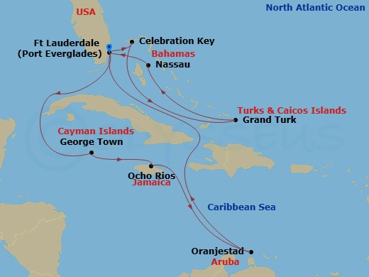14 Night - Southern / Eastern Caribbean Adventurer with Celebration Key - Regal Princess - Starting in Fort Lauderdale, Florida, Celebration Key, Bahamas, Grand Turk, Turks and Caicos, Nassau, Bahamas, Fort Lauderdale, Florida, Grand Cayman, Cayman Islands, Ocho Rios, Jamaica, Aruba, Fort Lauderdale, Florida itinerary map