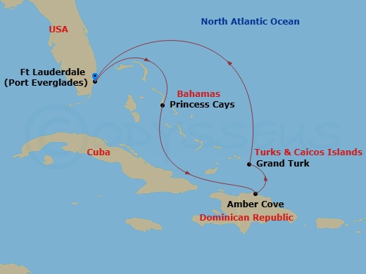 7 Night - Eastern Caribbean with Turks & Caicos - Regal Princess - Starting in Fort Lauderdale, Florida, Princess Cays, Bahamas, Amber Cove, Dominican Republic, Grand Turk, Turks and Caicos, Fort Lauderdale, Florida itinerary map