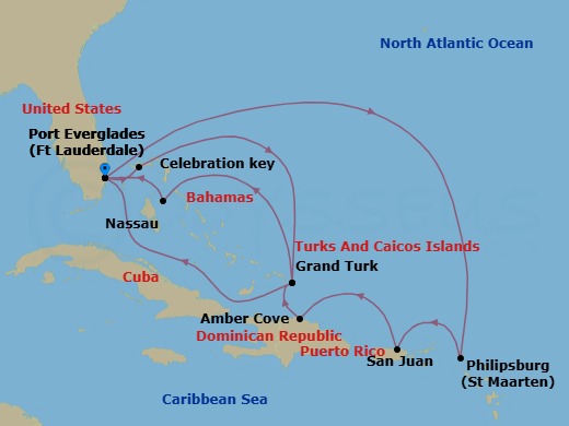 14 Night - Eastern Caribbean Adventurer with Celebration Key - Regal Princess - Starting in Fort Lauderdale, Florida, St Maarten, San Juan, Puerto Rico, Amber Cove, Dominican Republic, Grand Turk, Turks and Caicos, Fort Lauderdale, Florida, Celebration Key, Bahamas, Grand Turk, Turks and Caicos, Nassau, Bahamas, Fort Lauderdale, Florida itinerary map