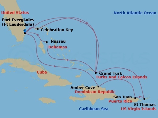 14 Night - Eastern Caribbean Adventurer with Celebration Key - Regal Princess - Starting in Fort Lauderdale, Florida, Amber Cove, Dominican Republic, San Juan, Puerto Rico, St Thomas, US Virgin Islands, Grand Turk, Turks and Caicos, Fort Lauderdale, Florida, Celebration Key, Bahamas, Grand Turk, Turks and Caicos, Nassau, Bahamas, Fort Lauderdale, Florida itinerary map