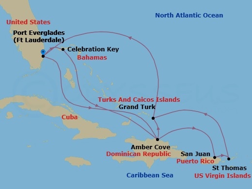 14 Night - Eastern Caribbean Adventurer with Celebration Key - Regal Princess - Starting in Fort Lauderdale, Florida, Celebration Key, Bahamas, Amber Cove, Dominican Republic, Grand Turk, Turks and Caicos, Fort Lauderdale, Florida, Amber Cove, Dominican Republic, San Juan, Puerto Rico, St Thomas, US Virgin Islands, Grand Turk, Turks and Caicos, Fort Lauderdale, Florida itinerary map