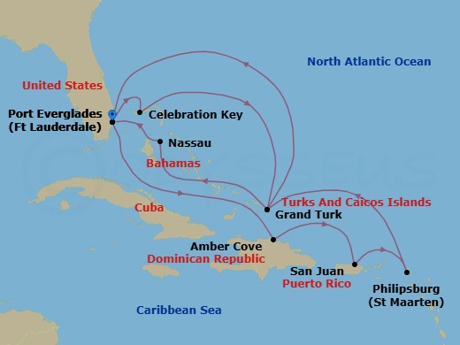 14 Night - Eastern Caribbean Adventurer with Celebration Key Holiday - Regal Princess - Starting in Fort Lauderdale, Florida, Amber Cove, Dominican Republic, San Juan, Puerto Rico, St Maarten, Grand Turk, Turks and Caicos, Fort Lauderdale, Florida, Celebration Key, Bahamas, Grand Turk, Turks and Caicos, Nassau, Bahamas, Fort Lauderdale, Florida itinerary map