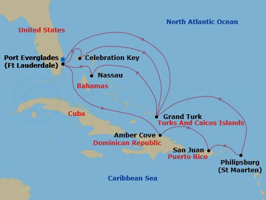 14 Night - Eastern Caribbean Adventurer with Celebration Key Holiday - Regal Princess - Starting in Fort Lauderdale, Florida, Celebration Key, Bahamas, Grand Turk, Turks and Caicos, Nassau, Bahamas, Fort Lauderdale, Florida, Amber Cove, Dominican Republic, San Juan, Puerto Rico, St Maarten, Grand Turk, Turks and Caicos, Fort Lauderdale, Florida itinerary map