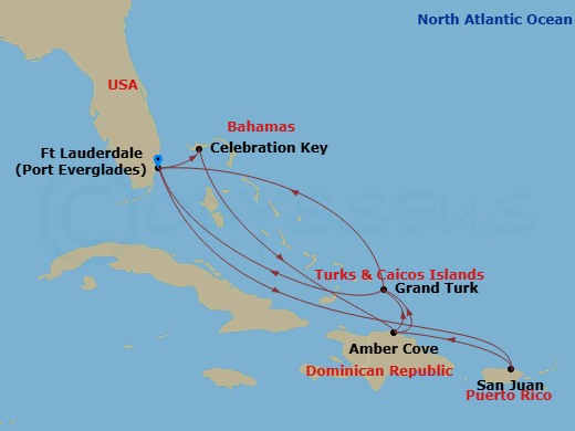 14 Night - Eastern Caribbean Adventurer with Celebration Key - Regal Princess - Starting in Fort Lauderdale, Florida, St Maarten, San Juan, Puerto Rico, Amber Cove, Dominican Republic, Grand Turk, Turks and Caicos, Fort Lauderdale, Florida, Celebration Key, Bahamas, Amber Cove, Dominican Republic, Grand Turk, Turks and Caicos, Fort Lauderdale, Florida itinerary map
