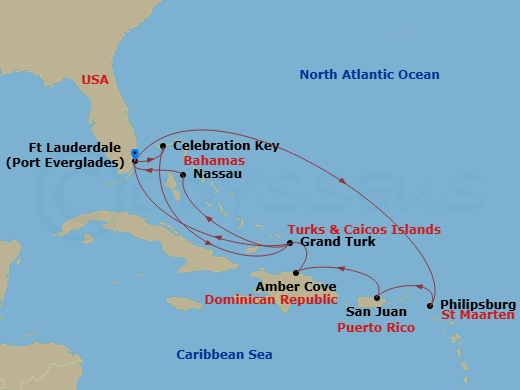 14 Night - Eastern Caribbean Adventurer with Celebration Key - Regal Princess - Starting in Fort Lauderdale, Florida, Celebration Key, Bahamas, Grand Turk, Turks and Caicos, Nassau, Bahamas, Fort Lauderdale, Florida, St Maarten, San Juan, Puerto Rico, Amber Cove, Dominican Republic, Grand Turk, Turks and Caicos, Fort Lauderdale, Florida itinerary map