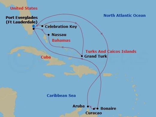 14 Night - Southern / Eastern Caribbean Adventurer with Celebration Key - Regal Princess - Starting in Fort Lauderdale, Florida, Aruba, Curacao, Bonaire, Caribbean Netherlands, Fort Lauderdale, Florida, Celebration Key, Bahamas, Grand Turk, Turks and Caicos, Nassau, Bahamas, Fort Lauderdale, Florida itinerary map