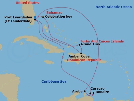 14 Night - Southern / Eastern Caribbean Adventurer with Celebration Key - Regal Princess - Starting in Fort Lauderdale, Florida, Aruba, Bonaire, Caribbean Netherlands, Curacao, Fort Lauderdale, Florida, Celebration Key, Bahamas, Amber Cove, Dominican Republic, Grand Turk, Turks and Caicos, Fort Lauderdale, Florida itinerary map