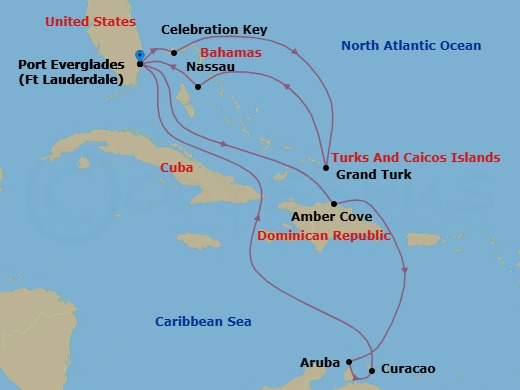 14 Night - Southern / Eastern Caribbean Adventurer with Celebration Key - Regal Princess - Starting in Fort Lauderdale, Florida, Amber Cove, Dominican Republic, Aruba, Curacao, Fort Lauderdale, Florida, Celebration Key, Bahamas, Grand Turk, Turks and Caicos, Nassau, Bahamas, Fort Lauderdale, Florida itinerary map