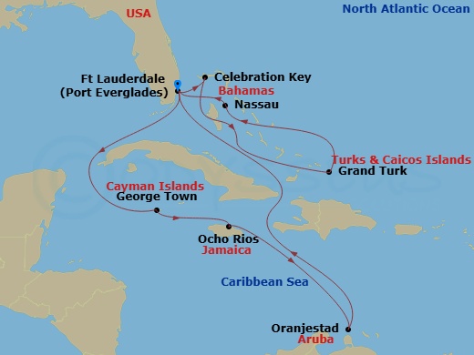 14 Night - Southern / Eastern Caribbean Adventurer with Celebration Key - Regal Princess - Starting in Fort Lauderdale, Florida, Grand Cayman, Cayman Islands, Ocho Rios, Jamaica, Aruba, Fort Lauderdale, Florida, Celebration Key, Bahamas, Grand Turk, Turks and Caicos, Nassau, Bahamas, Fort Lauderdale, Florida itinerary map