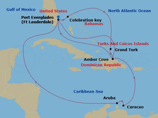 14 Night - Southern / Eastern Caribbean Adventurer with Celebration Key - Regal Princess - Starting in Fort Lauderdale, Florida, Amber Cove, Dominican Republic, Curacao, Aruba, Fort Lauderdale, Florida, Celebration Key, Bahamas, Grand Turk, Turks and Caicos, Amber Cove, Dominican Republic, Fort Lauderdale, Florida itinerary map