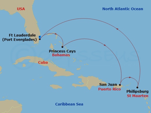 7 Night - Eastern Caribbean with Puerto Rico - Regal Princess - Starting in Fort Lauderdale, Florida, Princess Cays, Bahamas, San Juan, Puerto Rico, St Maarten, Fort Lauderdale, Florida itinerary map