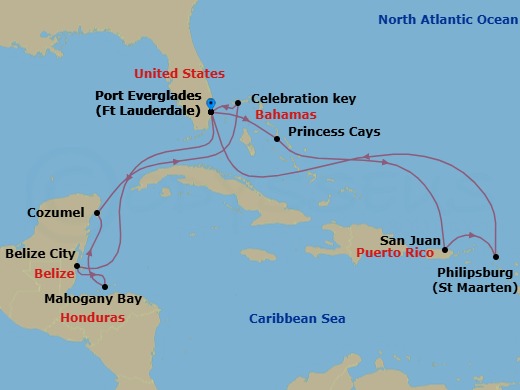 14 Night - Eastern / Western Caribbean Adventurer with Celebration Key - Regal Princess - Starting in Fort Lauderdale, Florida, Princess Cays, Bahamas, San Juan, Puerto Rico, St Maarten, Fort Lauderdale, Florida, Belize City, Belize, Roatan (Isla Tropicale), Honduras, Cozumel, Mexico, Celebration Key, Bahamas, Fort Lauderdale, Florida itinerary map