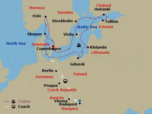 20 Night - Imperial Treasures - Tour 1A - Regal Princess Tours - Starting in Budapest, Hungary, Vienna, Austria, Prague, Czech Republic, Berlin, Germany, Copenhagen, Denmark, Skagen, Denmark, Oslo, Norway, Gdansk (Gdynia), Poland, Klaipeda, Lithuania, Helsinki, Finland, Tallinn, Estonia, Stockholm, Sweden, Visby, Sweden, Copenhagen, Denmark itinerary map