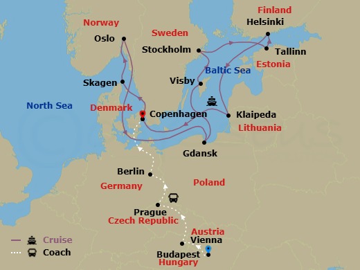 20 Night - Imperial Treasures - Tour 1A - Regal Princess Tours - Starting in Budapest, Hungary, Vienna, Austria, Prague, Czech Republic, Berlin, Germany, Copenhagen, Denmark, Skagen, Denmark, Oslo, Norway, Gdansk (Gdynia), Poland, Visby, Sweden, Stockholm, Sweden, Tallinn, Estonia, Helsinki, Finland, Klaipeda, Lithuania, Copenhagen, Denmark itinerary map