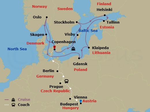 20 Night - Imperial Treasures - Tour 1A - Regal Princess Tours - Starting in Budapest, Hungary, Vienna, Austria, Prague, Czech Republic, Berlin, Germany, Copenhagen, Denmark, Visby, Sweden, Stockholm, Sweden, Helsinki, Finland, Tallinn, Estonia, Klaipeda, Lithuania, Gdansk (Gdynia), Poland, Oslo, Norway, Skagen, Denmark, Copenhagen, Denmark itinerary map